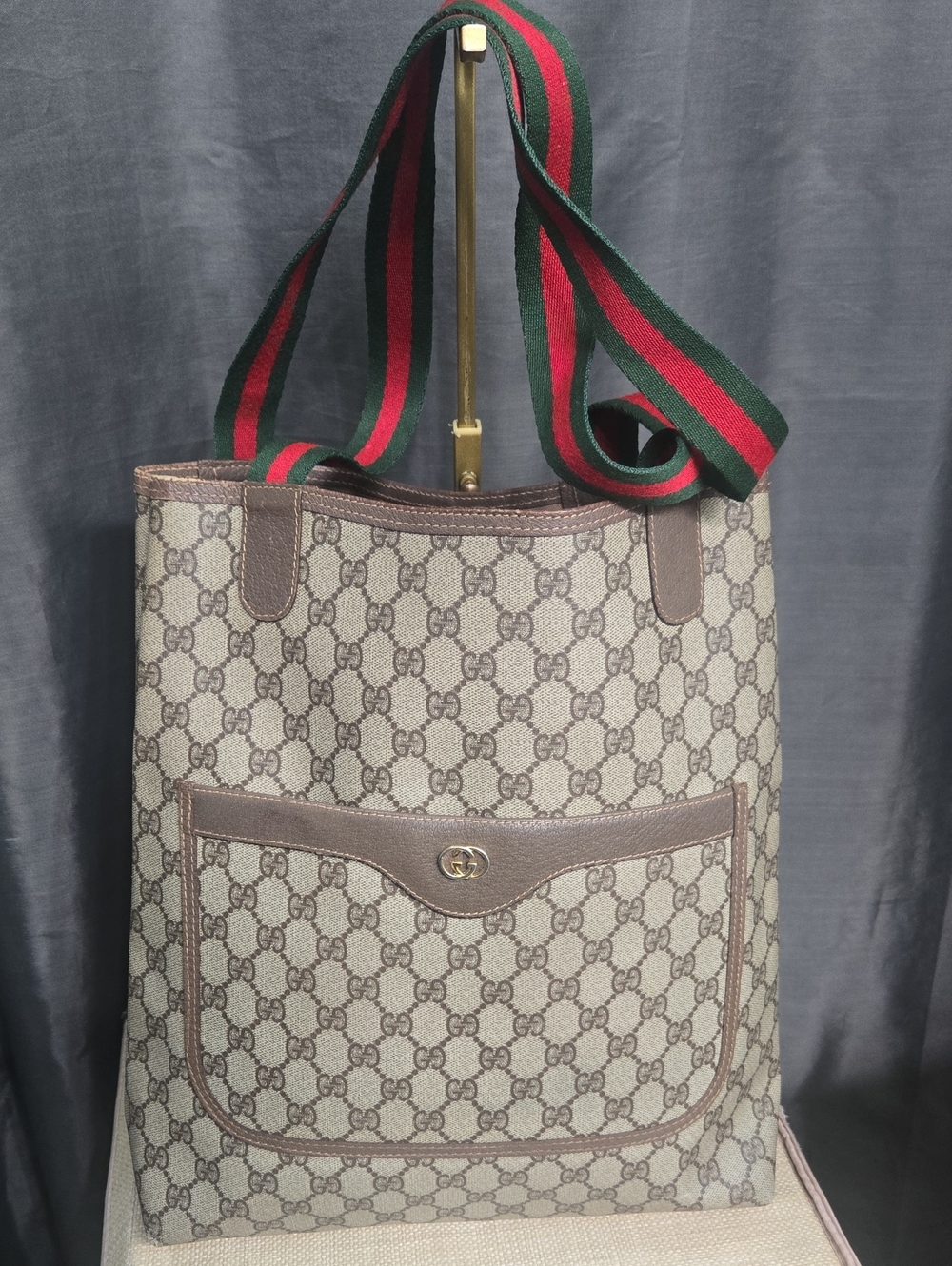Gucci Beige/Brown GG Canvas Tote with Green-Red Web Strap
